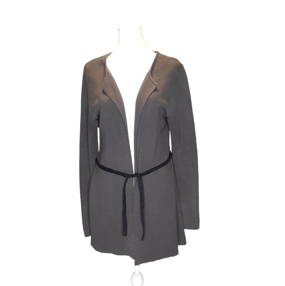 Eileen Fisher Silk Blend Open Cardigan With Tie Belt. Size M Dark Gray